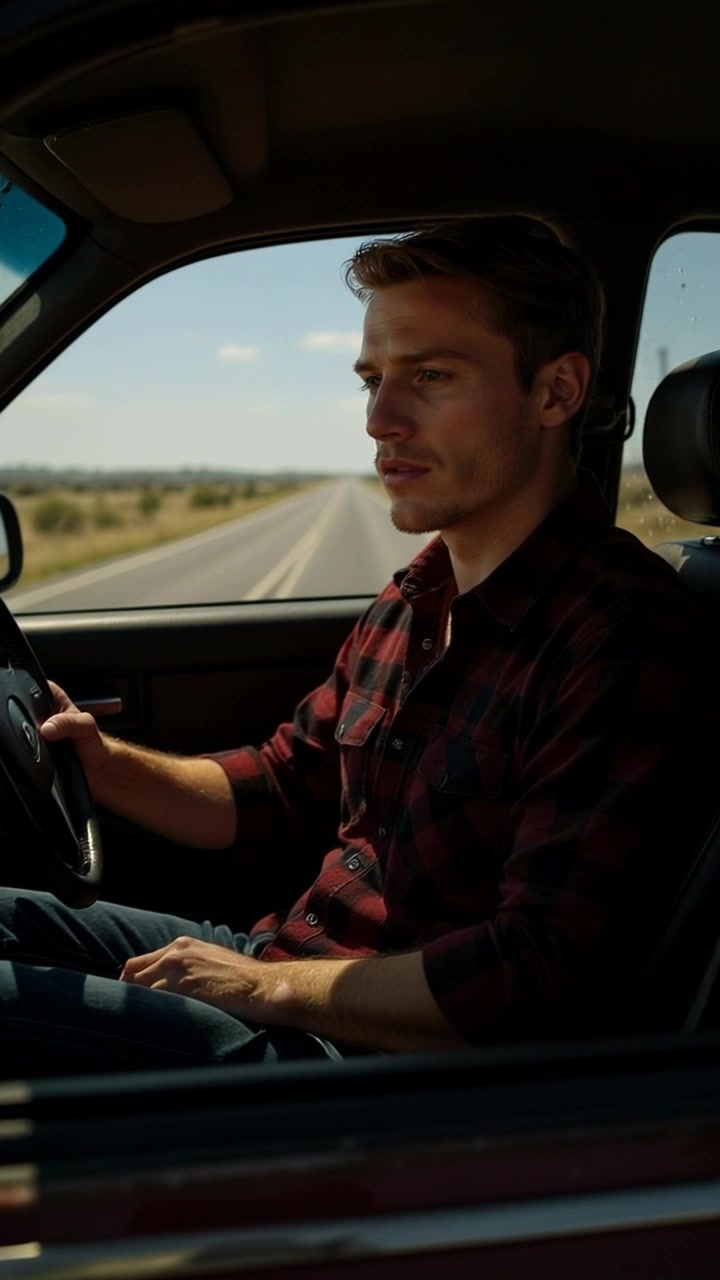 Subject: A person looking out the window of a car with a puzzled expression. Subject movement: The character shifts their gaze slowly from side to side as they try to make sense of the surroundings. Scene: Inside a modern car, showcasing the sleek interior and reflections on the window. Style: Soft ambient lighting filtering through the car window, casting gentle shadows across the interior. Motion: The camera does a smooth push-in towards the character's face, capturing the intricacies of their expression while subtly blurring the background for depth.