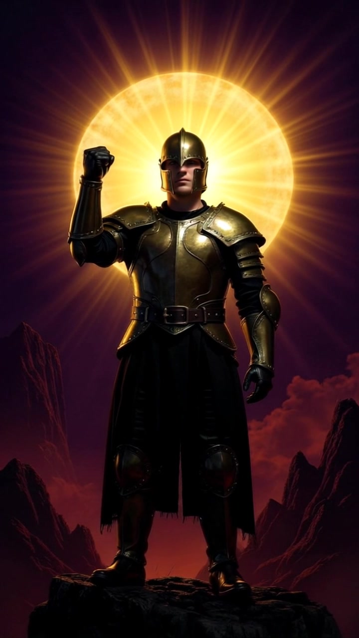 Subject: A figure standing defiantly on a rocky cliff. Subject movement: The figure raises his fist confidently towards the sky, embodying determination. Scene: A dramatic rocky cliff overlooking a vast open sky, hinting at a distant horizon. Style: The lighting is bright with a clear blue sky and soft clouds, creating an uplifting atmosphere. Motion: The camera begins with a close-up of the figure’s expression, then gradually pulls back to reveal the majestic landscape and expansive sky around him.