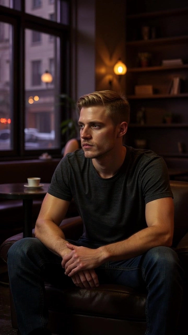 Subject: A person listening intently. Subject movement: They lean forward on a cozy couch, exhibiting a thoughtful expression. Scene: A comfortable living room with soft lighting and warm decor. Style: Ambient lighting creates a serene atmosphere, highlighting the contours of the person's face. Motion: The camera slowly pushes in for a close-up, capturing the nuances of their thoughtful expression as they engage with the surroundings.