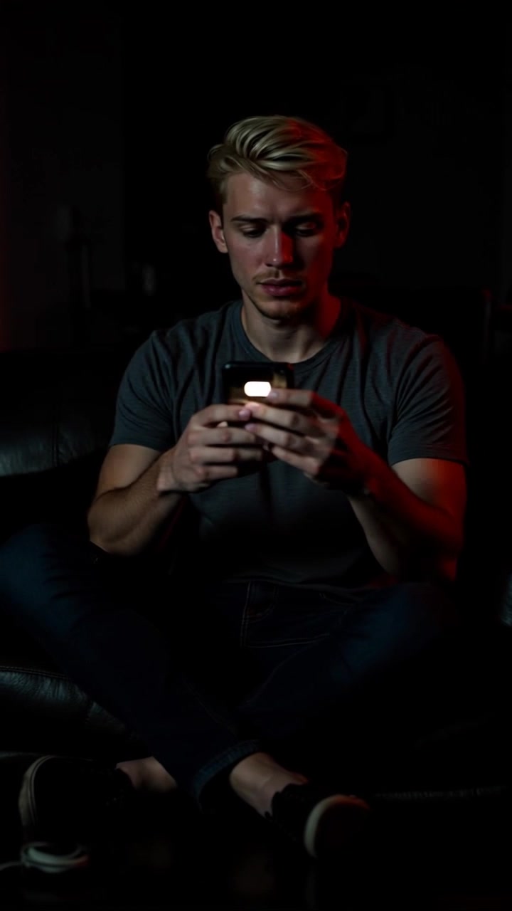 Subject: A young man sitting cross-legged on a couch. Subject movement: He remains still, intently engaging with his smartphone, illuminated by a soft red light that accentuates his features. Scene: Dimly lit room, cozy atmosphere with shadows casting across the walls. Style: Subtle, moody lighting enveloping the space, creating an intimate feel. Motion: Handheld camera gently circles around him while focusing on his expression, revealing the glimmer of the smartphone screen in the warm glow.