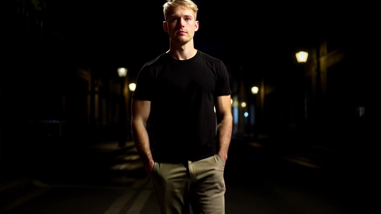 Subject: A solitary figure walking. Subject movement: The figure strides steadily down a deserted street at dusk. Scene: A quiet street at twilight, with dimly lit streetlights casting long shadows. Style: Soft, ambient dusk lighting creates a serene atmosphere. Motion: Camera follows the figure from a low angle, gliding smoothly alongside them, capturing the interplay of light and shadow as they walk past.