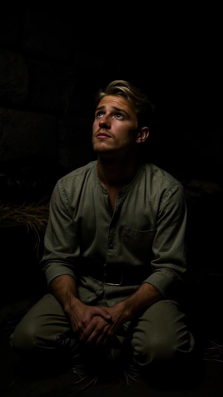 Subject: A young man seated on the ground, knees drawn up, gazing thoughtfully upward. Scene: Dimly lit environment that creates an intimate and introspective mood. Style: Low-key lighting enhancing shadows and creating depth around the figure. Motion: The camera gently pushes in from a wider shot, focusing on the man's contemplative expression, while soft ambient sounds resonate in the background, emphasizing the reflective atmosphere.