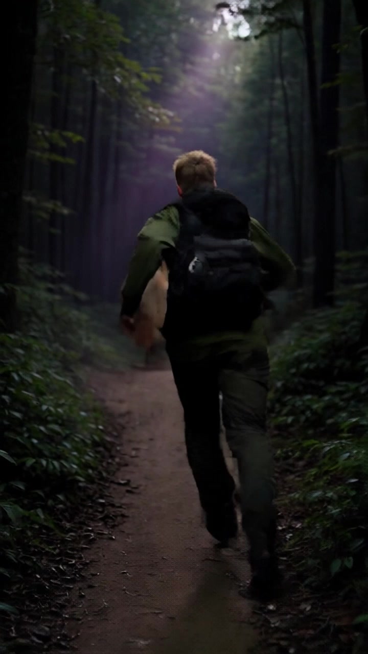 Subject: A person running through a dense forest. Subject movement: The individual runs swiftly, glancing back in fear, as if being pursued. Scene: Sunlight streams through the thick canopy of leaves overhead, illuminating patches of the forest floor with a dappled effect. Style: Bright, filtered sunlight creates a sense of urgency and tension, contrasting with the dark shadows of the forest. Motion: A handheld camera follows closely behind, capturing the rapid movement and the rustling foliage, creating an immersive experience as the viewer darts through the trees.