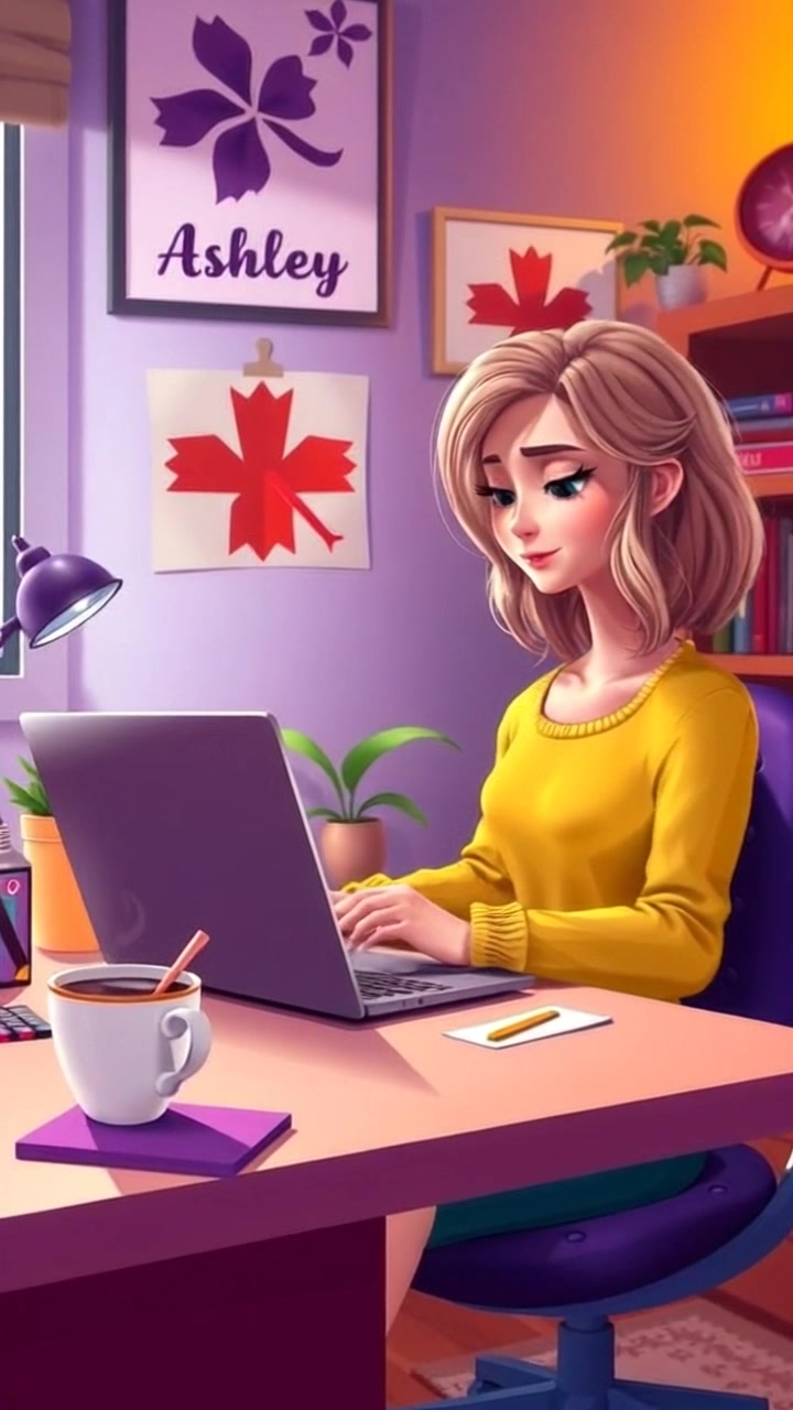 Subject: A person sitting at a desk, deeply focused on a laptop while sipping coffee. Subject movement: The person occasionally looks up from the screen, taking a serene moment to enjoy their drink. Scene: Cozy home office filled with warm décor, soft lighting, and personal touches creating an inviting workspace atmosphere. Style: Soft, ambient lighting that casts a warm glow, enhancing the comforting mood of the room. Motion: Camera moves in gently from a wide angle, slowly zooming in on the person's engaged expression and the steaming cup of coffee next to them.