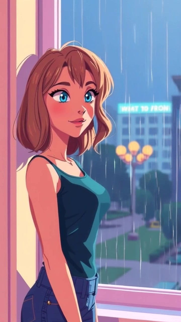 Subject: A person standing thoughtfully by a window, gazing outside at the rain. Subject movement: They shift slightly, reflecting a deep contemplation as the raindrops cascade down the glass. Scene: A cozy, warmly lit room with soft furnishings, the sound of rain pattering against the window creating a serene atmosphere. Style: Soft, diffused lighting enhancing the tranquil mood, enveloping the scene in a warm embrace. Motion: The camera slowly zooms in on the subject, capturing the nuances of their expression before panning to the rain-soaked landscape outside.
