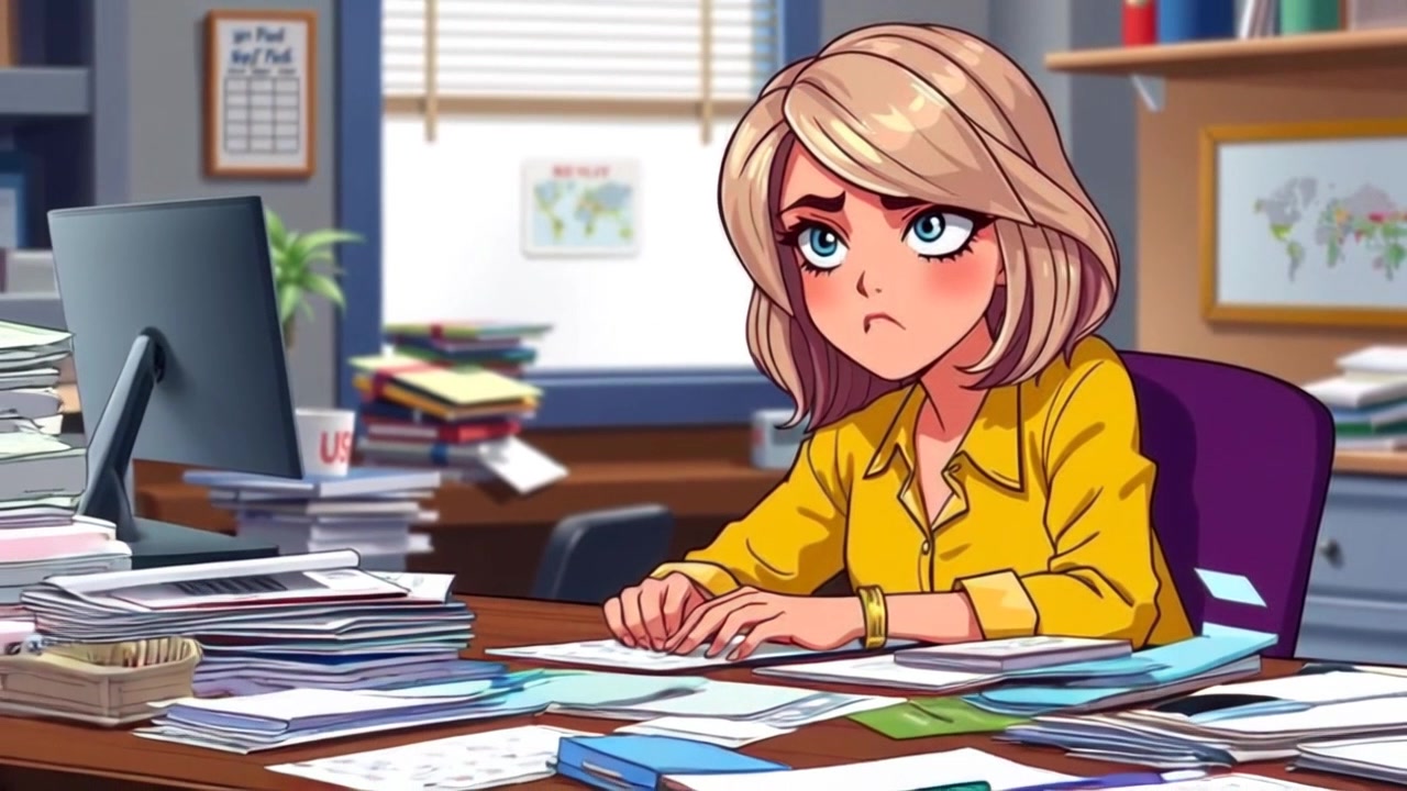 Subject: A woman with a frustrated expression, sitting at her cluttered desk covered in documents. Scene: An office environment filled with paper, stationery, and a laptop, embodying chaos and stress. Lighting: Soft overhead lighting highlighting the subject's expression and the scattered papers. Motion: The camera gently zooms in on the woman's face to capture her emotion, then pans down to reveal the surrounding chaos of her workspace.