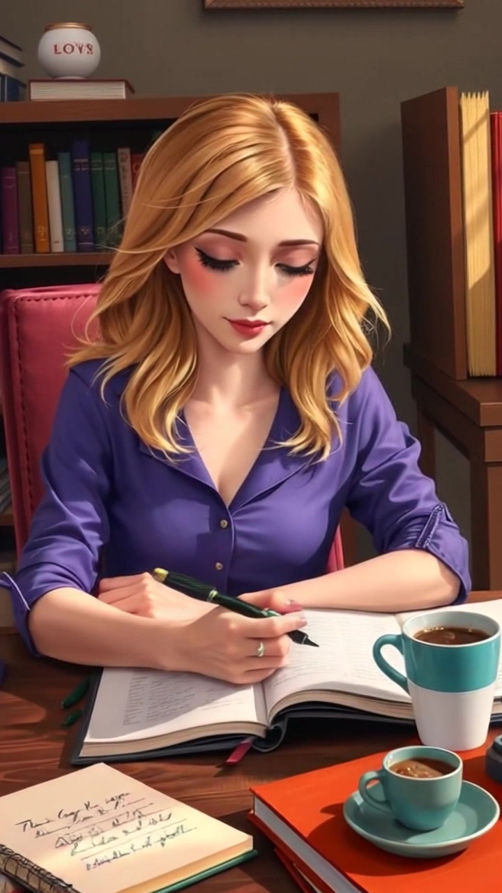 Subject: A person deeply focused at a wooden desk, surrounded by notebooks, pen in hand, jotting down thoughts while sipping coffee. Subject movement: The individual writes intently in the open notebook, occasionally pausing to reflect. Scene: A cozy study space filled with natural light, illuminated by soft morning rays that filter through a nearby window, casting gentle shadows on the desk. Motion: The camera gently pushes in for a close-up of the person's writing hand, then pulls back to capture the entirety of the desk scene, creating an inviting atmosphere.