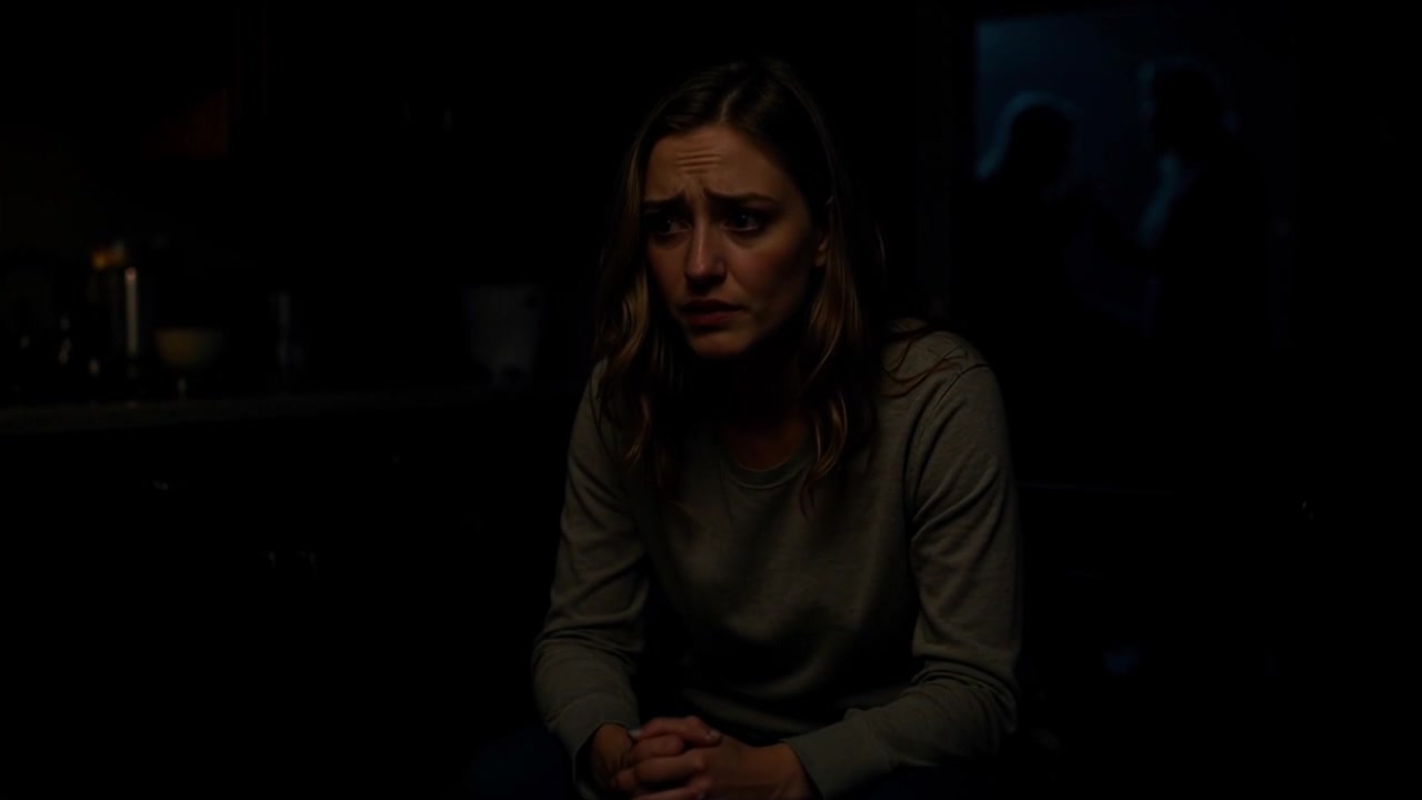 Subject: A young woman with long hair in a grey sweatshirt, showing a distressed expression. Subject movement: She shifts uncomfortably, glancing nervously towards the shadowy figures in the background. Scene: A dimly lit room, shadows cast across the walls, emphasizing the tension. Style: Moody lighting creating an atmospheric tension, with deep contrasts and hints of color in the shadows. Motion: The camera slowly pushes in on the woman, capturing her anxious demeanor while the shadowy figures remain obscured in the background.