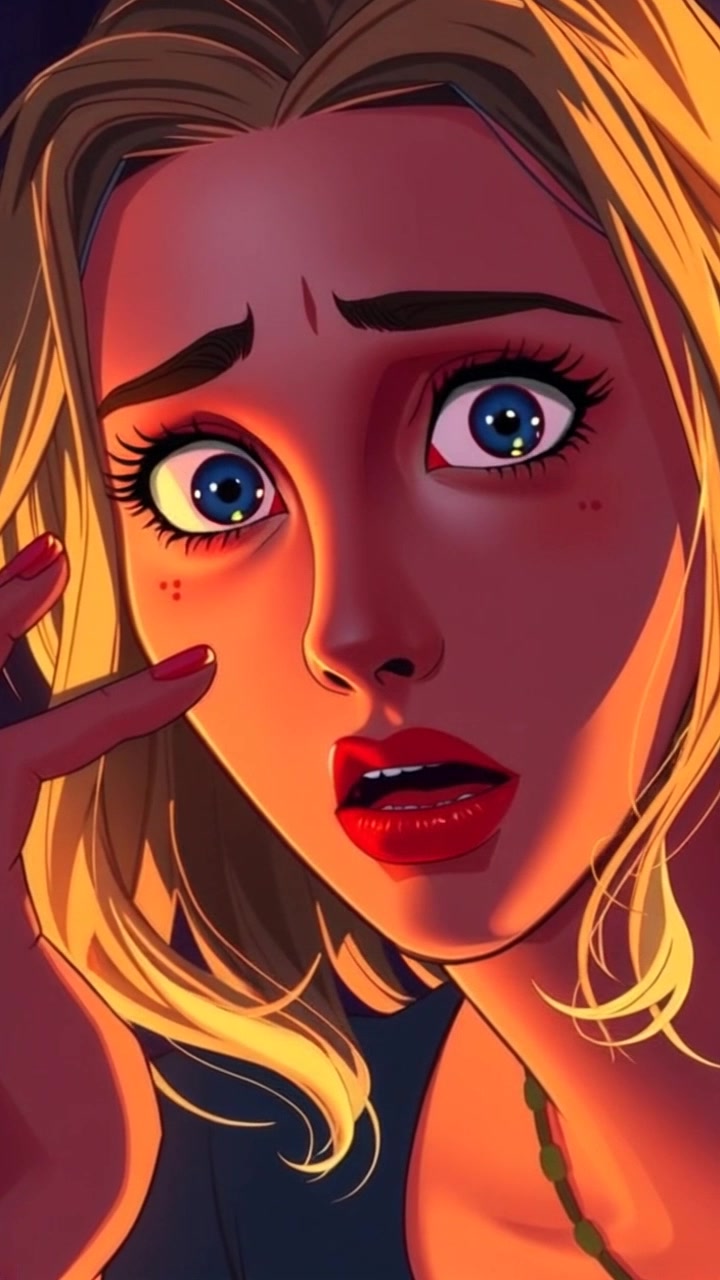 Scene: A dimly lit room with soft shadows dancing across the walls, enhancing the atmosphere of suspense. Style: Ambient light creating a moody and tense environment. Motion: The camera slowly pushes in on Ashley's face, capturing the intensity of her shocked expression as she whispers, her eyes wide with realization.