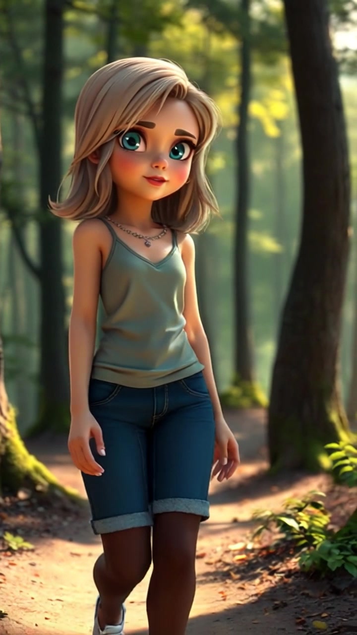 Subject: A serene figure walking deliberately along a sunlit forest path. Subject movement: The figure takes slow, graceful steps, each footfall softly crunching on the earthy trail. Scene: A lush green forest with dappled sunlight breaking through the canopy, creating a mesmerizing play of light on the ground. Style: Warm morning light enhancing the vibrancy of the foliage. Motion: The camera follows the figure from a mid-height angle, gently tracking their movement along the path, while the surrounding trees sway slightly in the cool breeze.