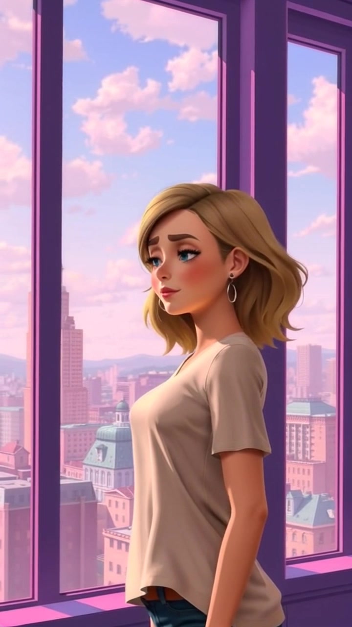 Subject: A person standing thoughtfully in front of a large window. Scene: Inside a modern apartment overlooking a sprawling cityscape, dusk light casting a gentle glow through the glass. Style: Warm, ambient lighting highlighting the silhouette against the window. Motion: Camera slowly pushes in to capture the subtle nuances of the person's expression, contrasting against the twinkling city lights in the background.