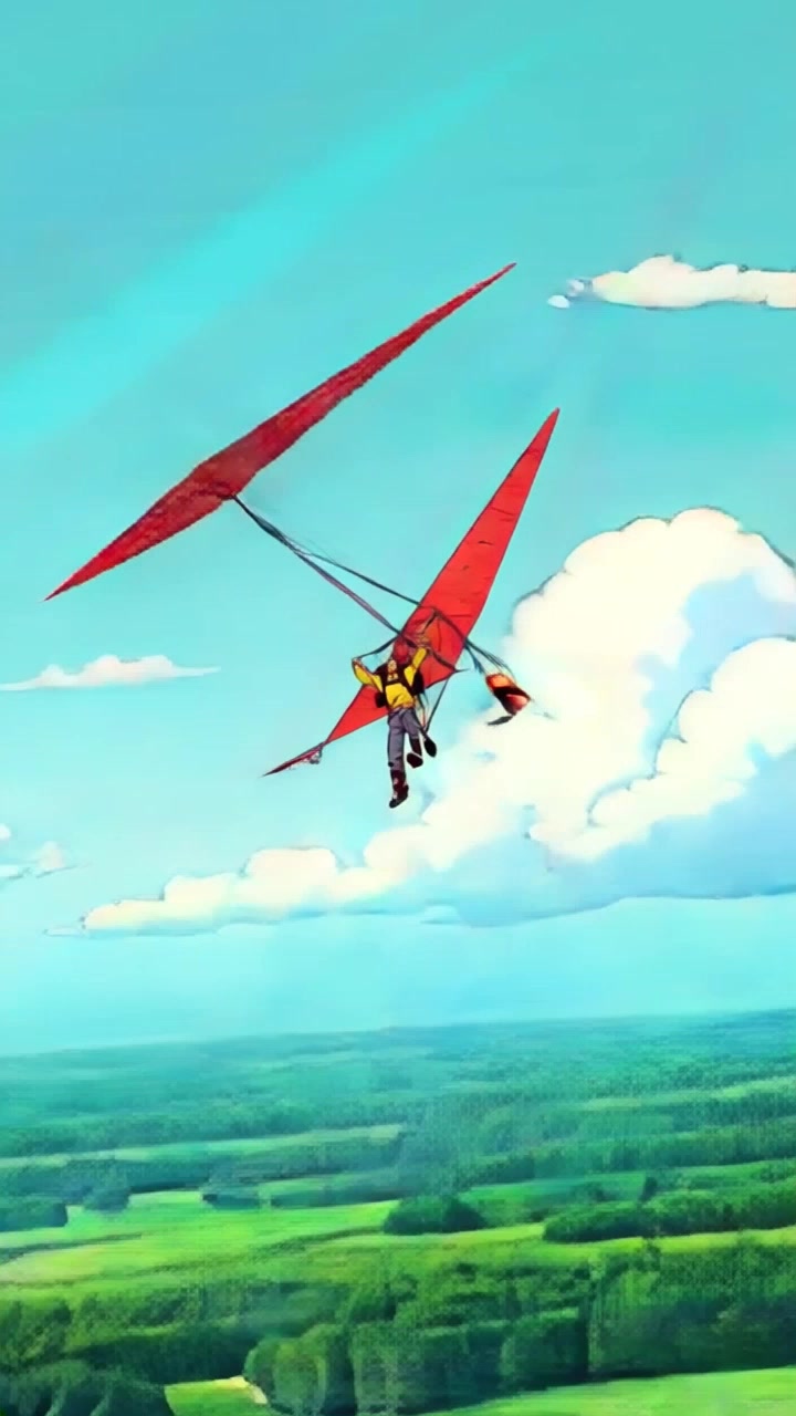 Subject: A glider pilot, Carlos, is being pulled off his glider with arms flailing in response to the sudden movement. Scene: Mid-air, the glider glides above a lush green landscape, revealing a vast panorama of fields and trees below. Style: Bright daylight filters through, casting an energetic and dynamic atmosphere. Motion: The camera follows Carlos as he becomes dislodged from the glider, capturing his falling motion with a dramatic tilt and rapid zoom out to showcase the wide-open scenery.