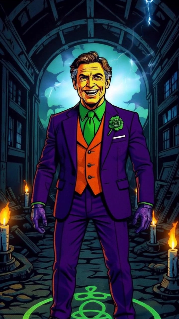 Subject: A man dressed in a vibrant purple suit, orange vest, and green shirt standing confidently in a dark, damaged cathedral-like building. Scene: The atmosphere is dramatic with flickering candles casting ethereal light around him, while a glowing green magical circle pulsates beneath his feet. Motion: The camera performs a slow push-in towards the man, capturing the intensity in his smiling expression as a flash of lightning strikes dramatically behind him, briefly illuminating the intricate details of the cathedral. Lighting: The scene contrasts warm candlelight with the cooler tones of the lightning. Atmosphere: Eerie yet enchanting, with an air of mystique.