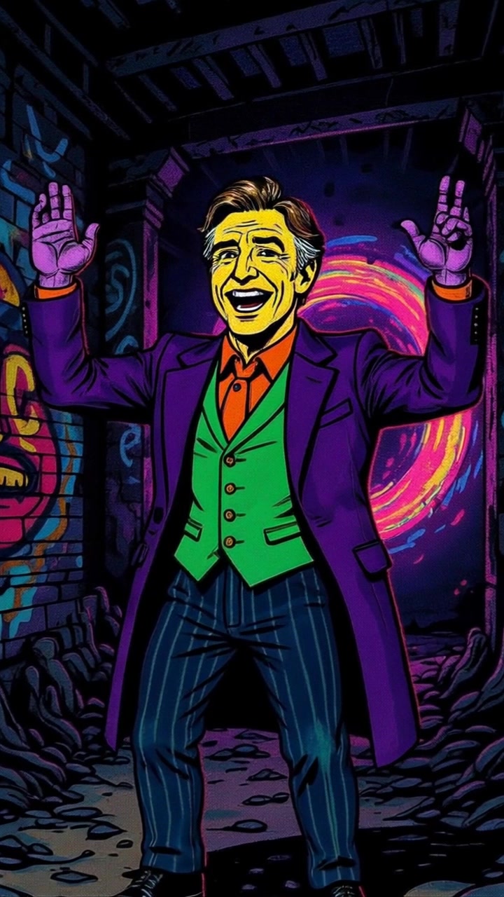Subject: A vibrant man with a yellow face raising his hands in celebration. Scene: Inside a graffiti-covered tunnel with a glowing circular portal radiating light behind him. Style: Bright, colorful lighting enhancing the vividness of the artwork. Motion: The camera slowly pushes in toward the man as he raises his hands, his joyful expression framed by the tunnel's dynamic patterns, enhancing the immersive experience.