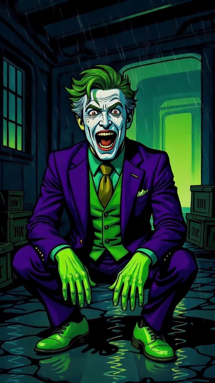 Subject: A man with pale white skin and green hair, squatting and laughing maniacally. Subject movement: He shifts slightly, his laughter echoing in the dark room. Scene: A dark room with boxes stacked in the background, illuminated by a glowing green light from a doorway, while rain falls softly outside. Style: Moody, dim lighting with the focus on the vibrant green hues of the man's skin and clothes. Motion: The camera slowly zooms in on his face, capturing the intensity of his laughter as raindrops patter against the windows, creating a rhythmic background sound.