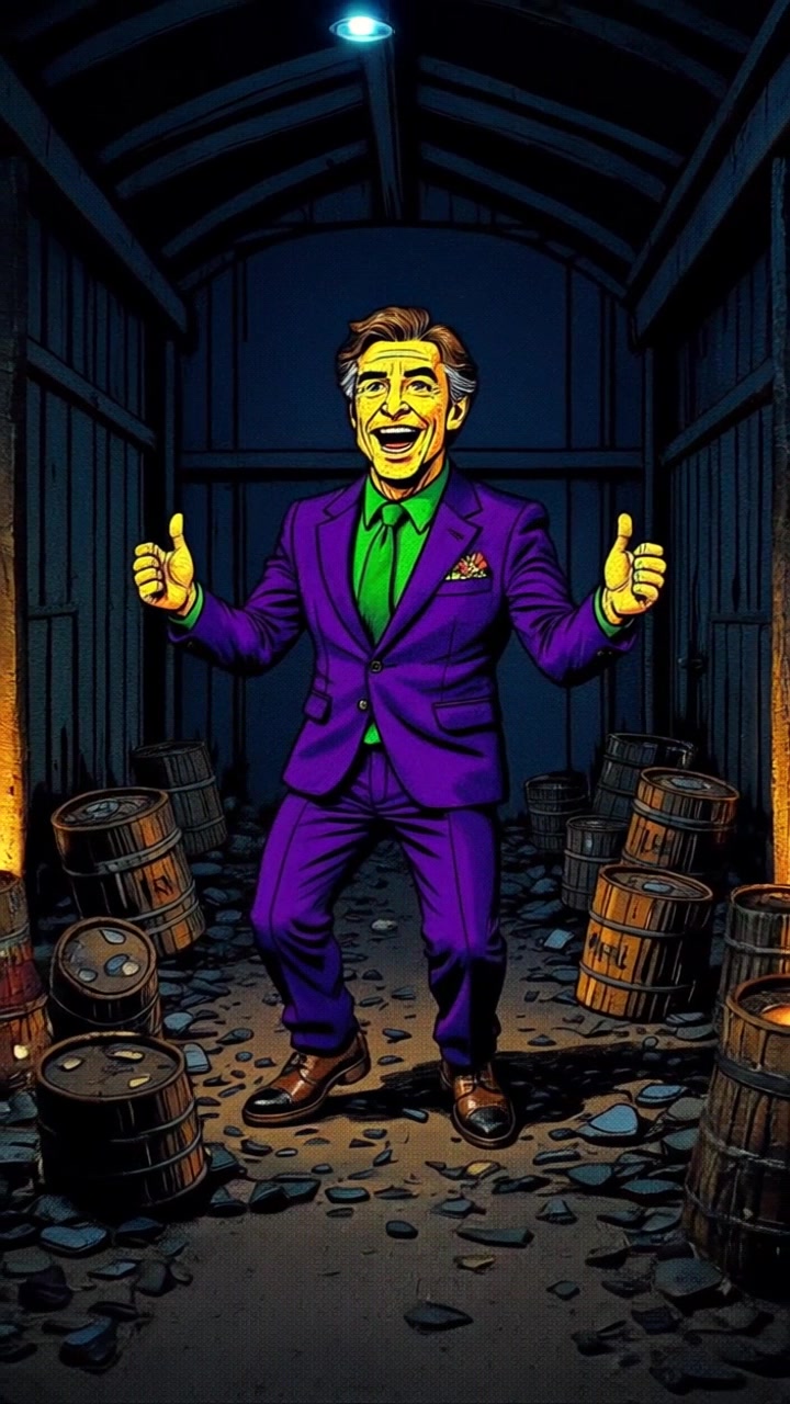 Subject: A middle-aged man in a vibrant purple suit and green shirt with a matching tie. Subject movement: He stands happily in a dimly lit, rustic room, giving two thumbs up while shifting slightly side to side in joy. Scene: Rustic room adorned with wooden barrels and warm furnishings that exude a cozy atmosphere. Style: Dim, ambient lighting enhancing the warm, inviting tone of the room. Motion: Start with a close-up of the man's cheerful expression, then pull back smoothly to reveal the surrounding barrels, capturing the essence of the rustic setting.