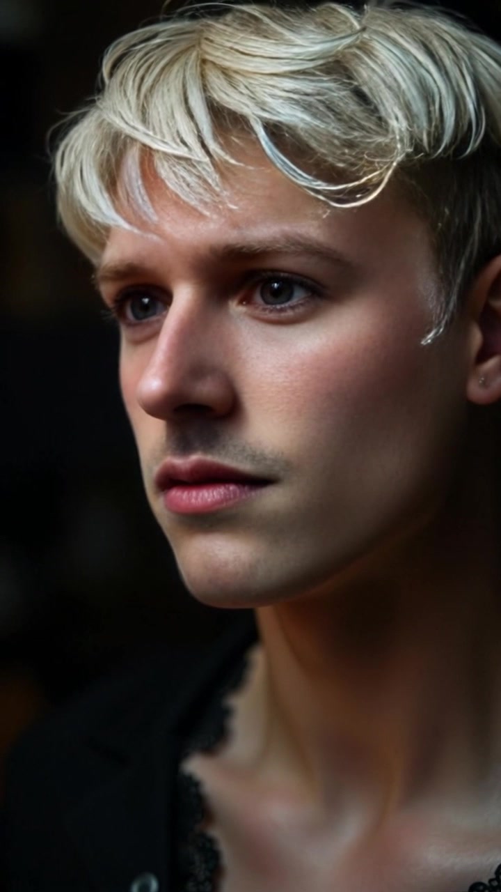 Scene: A dimly lit room where a figure stares intensely into the distance, the light creating shadows that dance around the contours of the space. Style: Low-key lighting casts dramatic shadows, enhancing the moody atmosphere. Motion: The camera slowly pushes in for a closer look, capturing the intensity in the figure's gaze as the background subtly blurs out, creating a sense of depth.