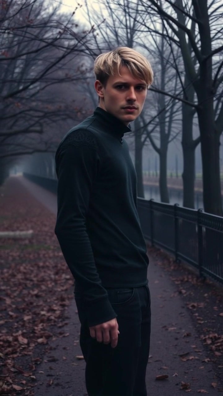 Subject: A person standing alone in a quiet park, glancing over their shoulder with a sense of alertness. Subject movement: The individual shifts slightly, turning their head to sense an unseen presence behind them. Scene: Serene park setting with lush green trees, dappled sunlight breaking through the leaves. Style: Ambient morning light illuminating the scene gently, creating a peaceful yet slightly tense atmosphere. Motion: The camera performs a slow, dramatic dolly shot around the figure, emphasizing their isolation as the surrounding beauty contrasts with their anxious demeanor.