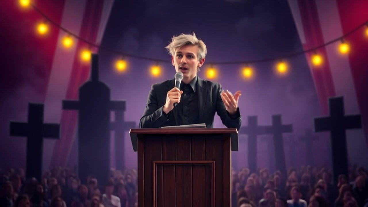 Subject: Ryan passionately speaking at a podium with a microphone. Subject movement: Ryan gestures enthusiastically as he engages the audience. Scene: A large auditorium filled with an attentive audience, with warm lights illuminating the stage. Style: Ambient lighting with a vibrant focus on Ryan, showcasing the energy of the environment. Motion: The camera begins with a close-up on Ryan's expressive face, then smoothly pulls back to reveal the entire podium setup while subtly panning across the audience.