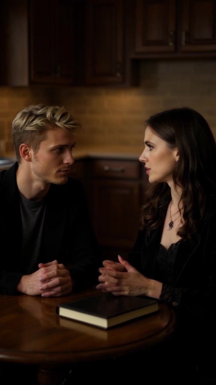 Scene: A dimly lit kitchen where a young blond man and a young brunette woman are engrossed in a serious conversation at a wooden table, with an open book lying between them. Style: Moody lighting creates a warm yet tense atmosphere, emphasizing their focused expressions as they engage deeply. Motion: The camera slowly pans around the table, capturing their animated gestures and shifting expressions as the conversation unfolds.