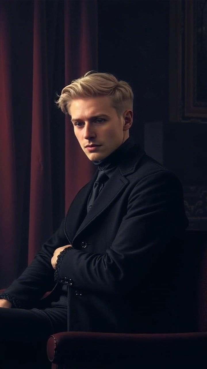 Scene: A dimly-lit room with soft shadows enveloping the space, highlighting the contours of the furniture. Lighting: The atmosphere is moody, with a warm glow emanating from a single lamp casting deep contrasts. Motion: The camera slowly pushes in on the subject, capturing the calmness and intensity of the gaze, filled with a sense of quiet introspection.