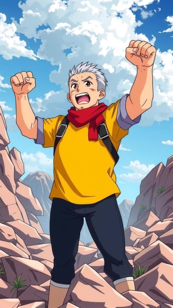 Subject: A victorious figure with fists raised in triumph. Subject movement: The character stands confidently on rocky terrain, reveling in the moment of achievement. Scene: Rugged mountains under a clear blue sky, with rough, jagged rocks surrounding the base. Style: Bright daylight illuminating the scene, casting bold shadows and highlighting the textures of the terrain. Motion: The camera starts with a closeup on the character's face, then pulls back dramatically to reveal the expansive landscape behind him, showcasing the rugged beauty of nature.