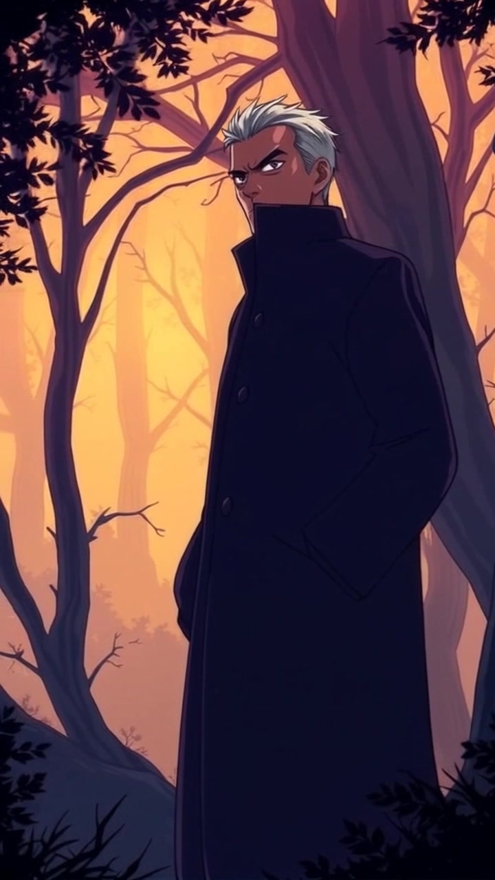Subject: A shadowy figure standing at the edge of a dense forest. Subject movement: The figure remains still, casting a menacing presence as it gazes into the distance. Scene: Dark, foreboding forest under the twilight sky, with dense trees and mist curling around the trunks. Style: Low light emphasizing shadows and creating an ominous atmosphere. Motion: Camera slowly pushes in towards the figure, enhancing the tension, while the forest darkens further.