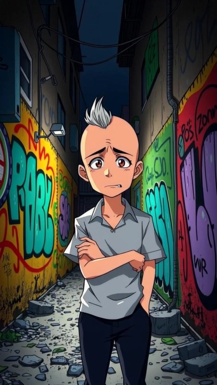 Subject: A man standing in a dark, messy alleyway. Subject movement: He shifts his weight slightly from side to side, displaying a sense of confusion. Scene: The alley is filled with graffiti-covered walls, litter scattered around, and a dim, moody atmosphere. Lighting: Low-key lighting highlighting the textures of the walls and shadows in the alley. Motion: The camera slowly pushes in, capturing the depth of the alley while subtly emphasizing the man's puzzled expression.