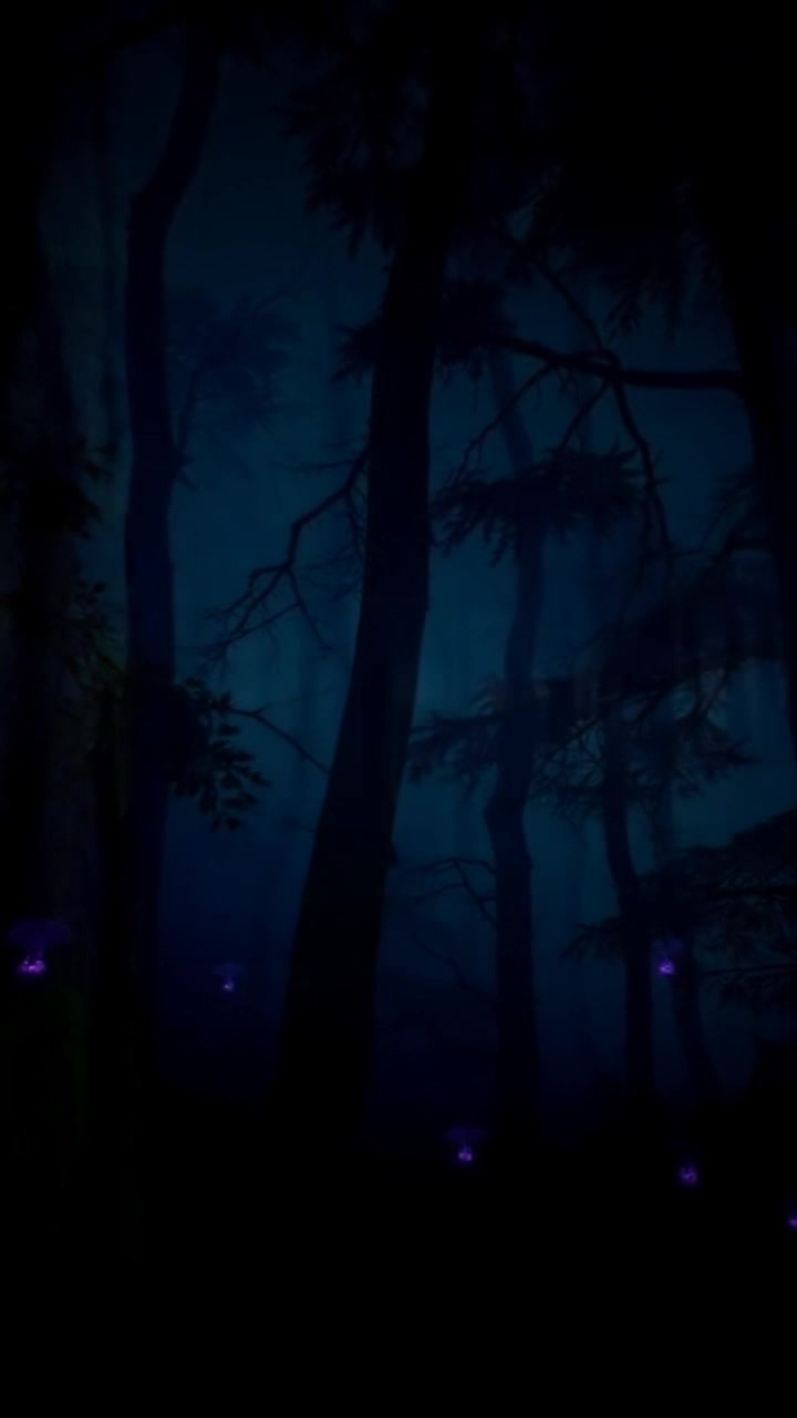 Scene: A dark, dense forest enveloped in thick mist, with imposing trees casting long shadows among their branches. Style: Moody low light atmosphere, emphasizing the eerie stillness and depth of the mist. Motion: Camera glides smoothly through the forest, weaving between the towering trees, with close shots capturing the intricate details of bark and leaves, before pulling back to reveal an expansive view of the fog-blanketed landscape.