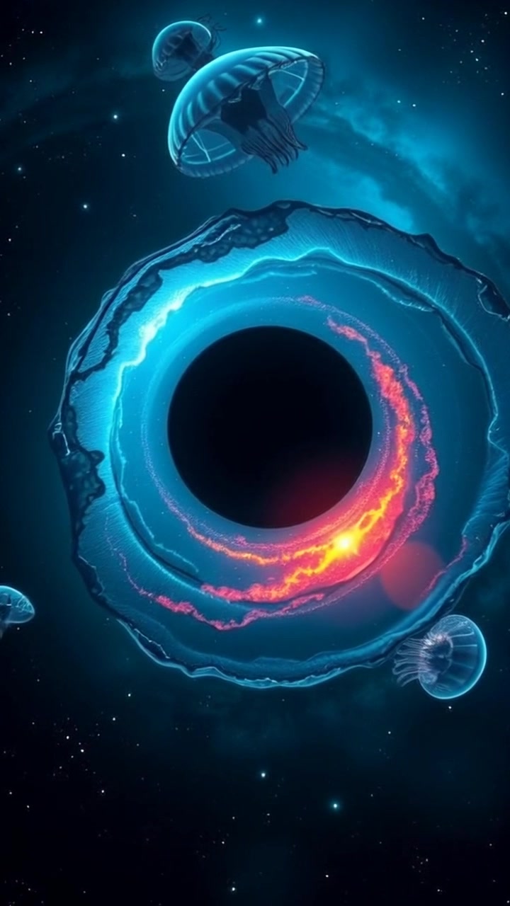 Scene: A swirling black hole in the vastness of space, with distant stars and galaxies dotting the background. Style: Deep-space atmosphere with ethereal, cosmic light illuminating the edges of the black hole. Motion: Camera slowly zooms in towards the black hole, creating a sense of infinite depth as it reveals the mesmerizing swirl of the accretion disk around its edge.