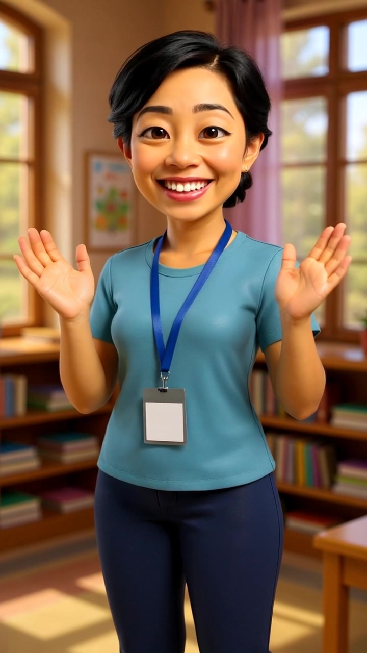 Subject: A cheerful teacher. Subject movement: Li stands at the front of the classroom, smiling and raising her hands in greeting to her students. Scene: Bright and inviting classroom filled with colorful educational posters, desks arranged in neat rows. Style: Morning light streams through large windows, illuminating the warm wooden furniture. Motion: The camera gently pushes in towards Li, capturing her warm expression, while the background remains slightly blurred, emphasizing the welcoming atmosphere.