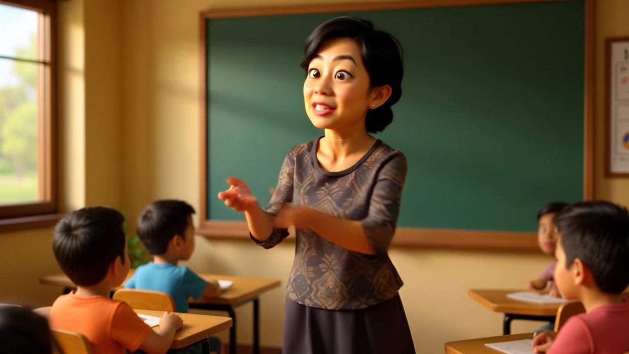 Scene: A lively classroom filled with desks and a blackboard, with a teacher engaging the students. Style: Bright, natural lighting streaming through windows, casting soft shadows across the room. Motion: The camera pans slowly from the blackboard to the teacher, who is animatedly asking a question, capturing the energy and interaction between the educator and the class.