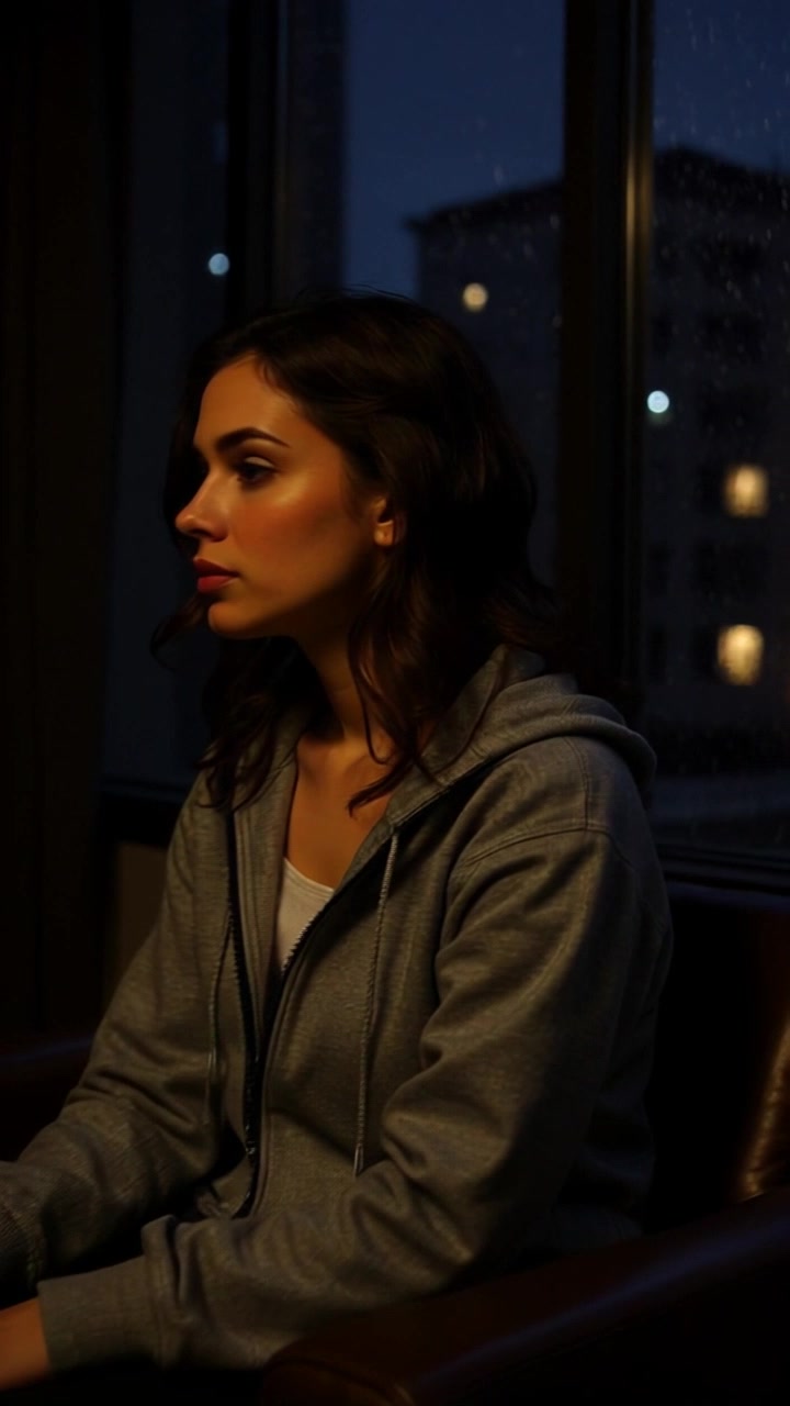 Scene: A cozy living room with soft, inviting decor, where Maya sits on a plush couch, her focused gaze directed towards the glowing lights of an apartment across the street. Style: Warm, ambient lighting enhances the snug atmosphere of the room as evening falls. Motion: The camera gently pushes in on Maya, capturing her pensive expression before cutting to a view of the illuminated apartment, creating a sense of connection across the distance.