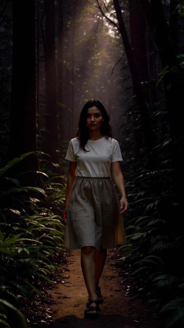 Subject: A person walking into a dense jungle. Subject movement: The individual strides forward through the thick underbrush, pushing aside vibrant foliage. Scene: Surrounded by towering trees and lush greenery, the dense jungle teems with life. Style: Dappled sunlight filters through the canopy, creating a play of shadows and highlights across the path. Motion: The camera performs a smooth handheld tracking shot, following the person's movement as they navigate deeper into the verdant wilderness.