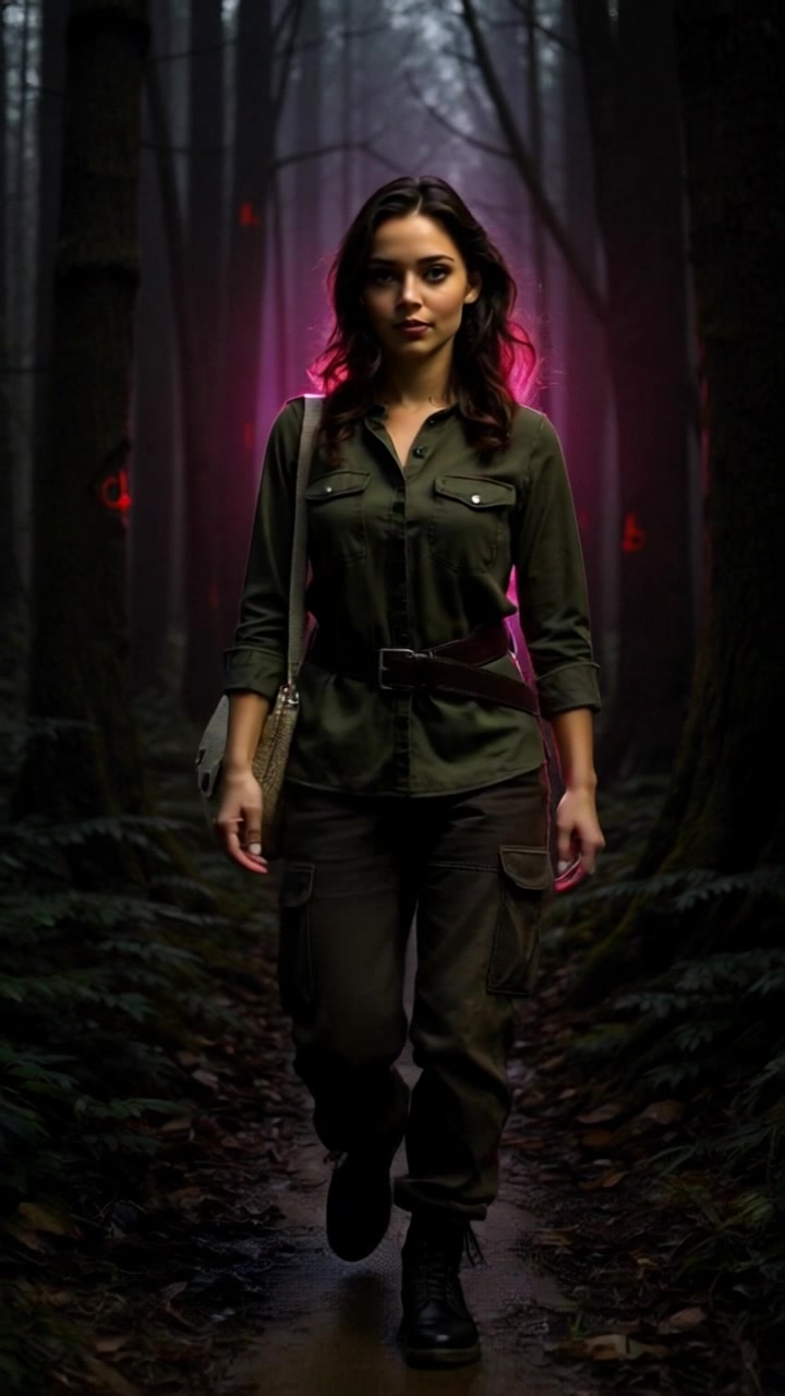 Subject: A determined figure walking along a narrow forest path, surrounded by a glowing aura of energy. Subject movement: The figure strides confidently, each step purposeful as she navigates through the lush greenery. Scene: A dense, enchanting forest with sunlight filtering through the canopy, casting dappled shadows on the path. Style: Natural, warm lighting accentuating the vibrant greens and earthy tones. Motion: The camera follows with a smooth, dynamic tracking shot, gliding alongside her as she moves forward, the glowing energy pulsating in harmony with her movement.