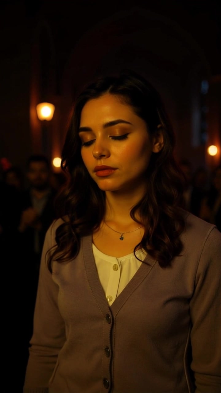 Scene: Close-up of a serene face, eyes closed in peaceful contemplation, surrounded by a calm atmosphere. Style: Soft, diffused lighting that enhances a tranquil mood. Motion: The camera slowly zooms in, wrapping the viewer in an intimate moment, before gently pulling back to reveal the soft background details.