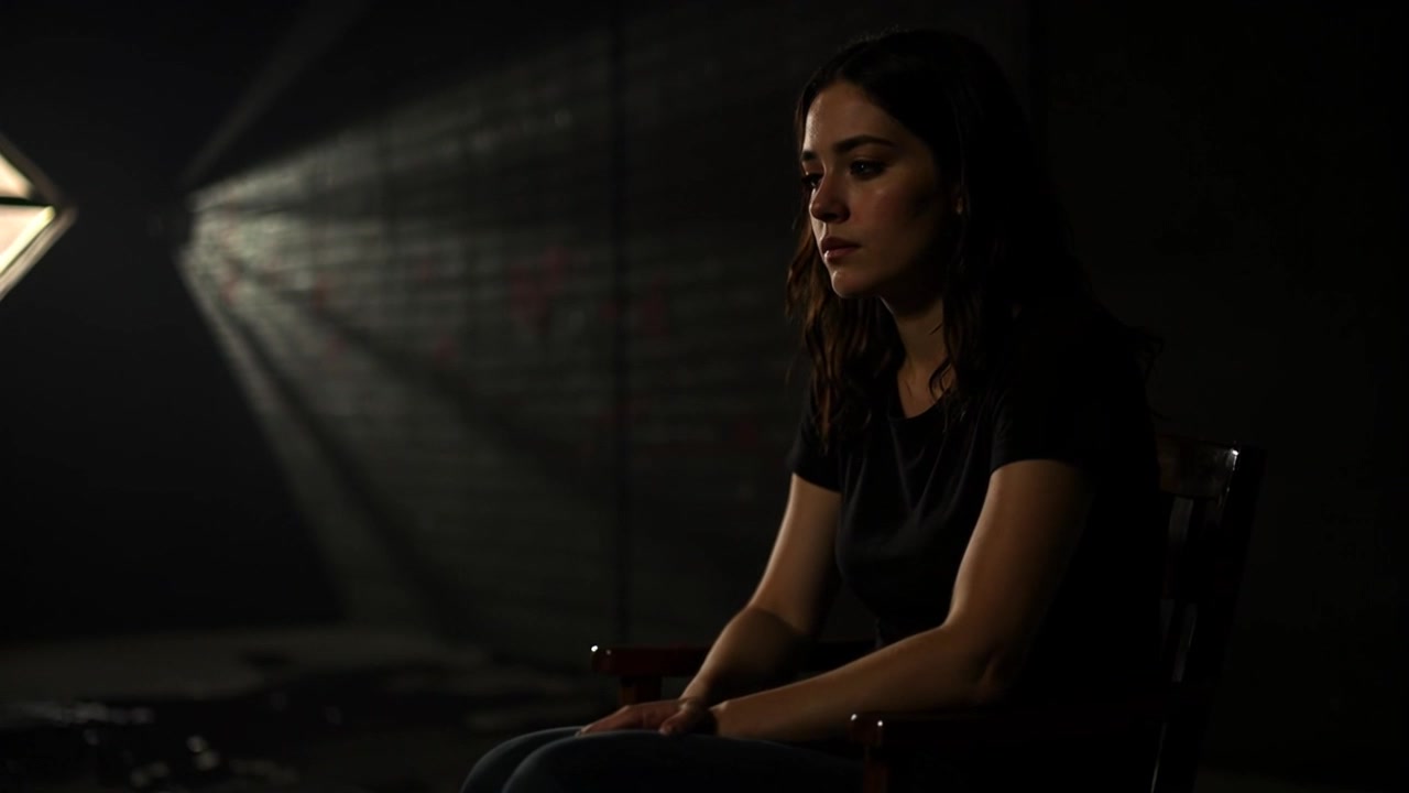 Subject: A young woman with long dark hair sitting on a wooden chair. Subject movement: She shifts her gaze pensively to the side, her expression introspective. Scene: Set in a dimly lit room with light streaming through the window in the background, creating a soft glow around her. Style: The atmosphere is moody, blending shadows with the warm light, highlighting her contemplative demeanor. Motion: The camera slowly pushes in towards her face, emphasizing her thoughtful expression while capturing the serene ambiance of the room.