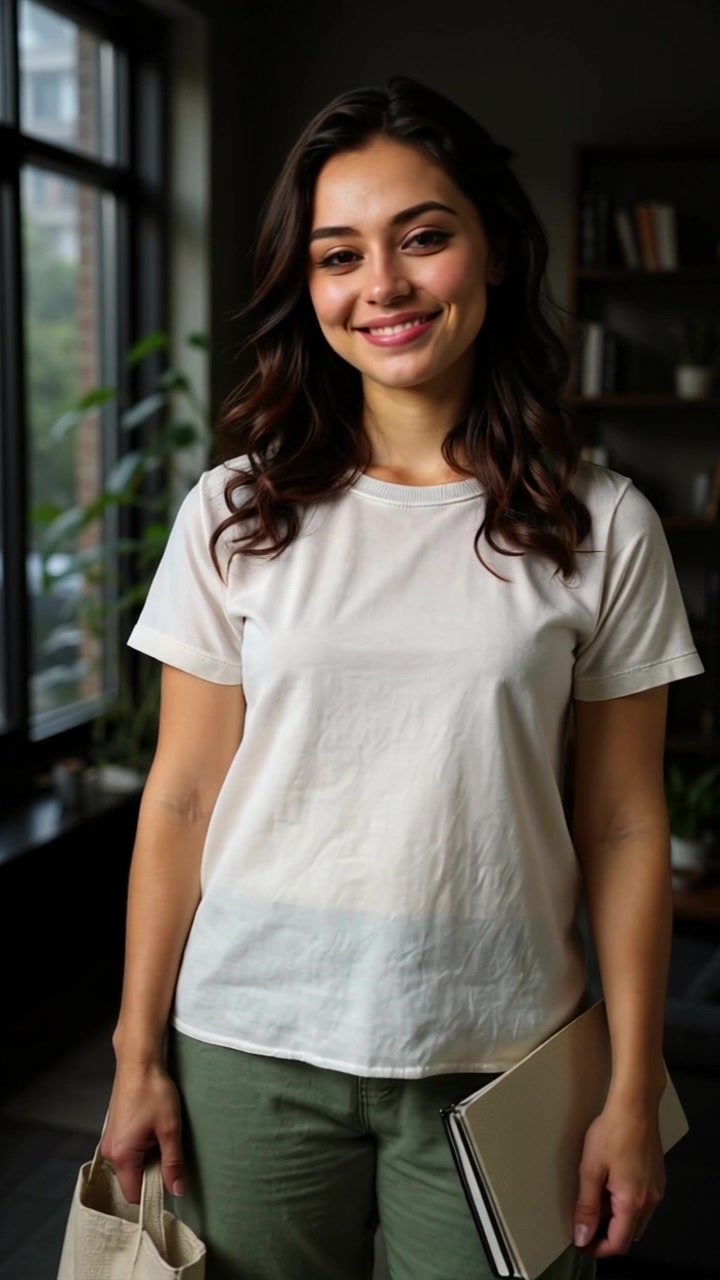 Subject: A young woman with wavy dark hair. Subject movement: She shifts her weight slightly from one foot to the other, smiling gently. Scene: A cozy indoor setting illuminated by soft natural light from a nearby window, adorned with light-colored walls and minimalistic decor. Style: Warm, inviting ambiance enhanced by the gentle, diffused sunlight. Motion: The camera slowly pushes in to capture the woman's expression and the details of her tote bag and book, creating an intimate atmosphere.