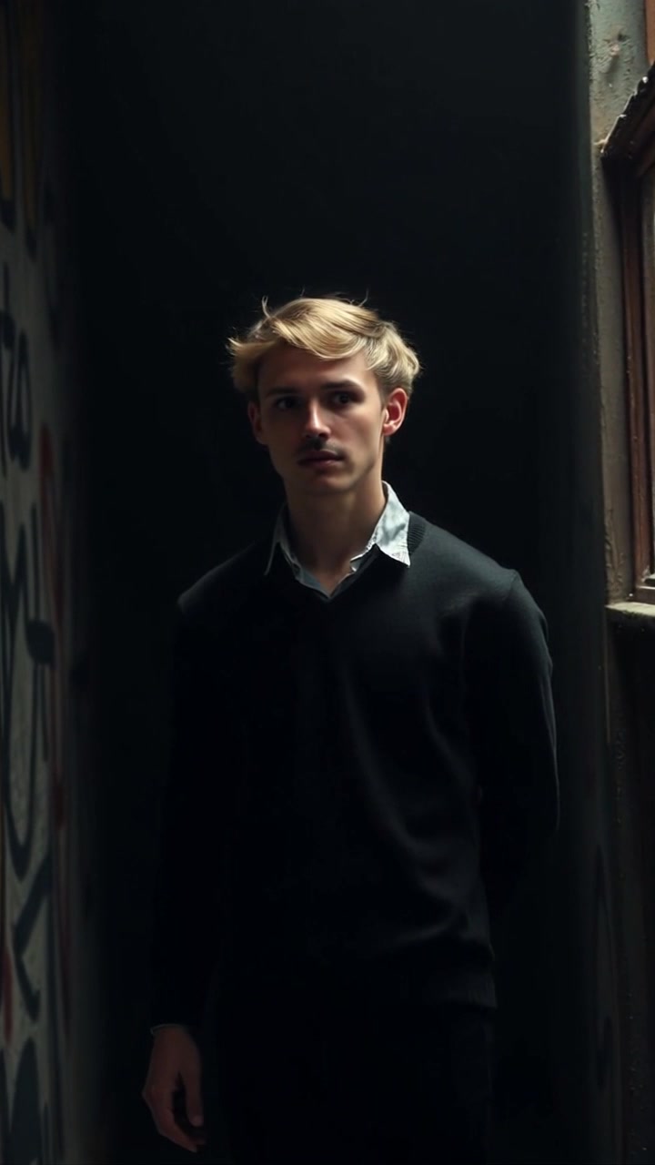 Subject: A person standing in a dimly lit room. Subject movement: The individual shifts their weight nervously from side to side, glancing around anxiously as shadows dance across the walls. Scene: Dark room illuminated by a faint, eerie light that casts dramatic shadows, highlighting the tense atmosphere. Style: Low-key lighting emphasizing the subject's worried expression. Motion: The camera slowly zooms in on the person's face, capturing their anxious eyes and the flickering light casting unsettling reflections.