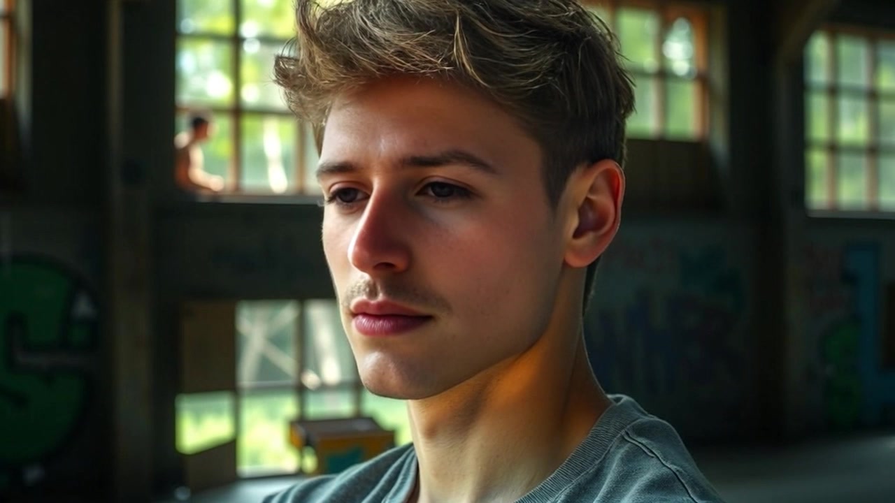 Subject: A contemplative figure gazing into the distance, lost in deep thought. Scene: A tranquil outdoor setting, bathed in soft, natural light, with gentle greenery framing the subject. Motion: The camera begins with a close-up on the subject's face, then slowly pulls back to reveal the serene surroundings, maintaining a pensive atmosphere.