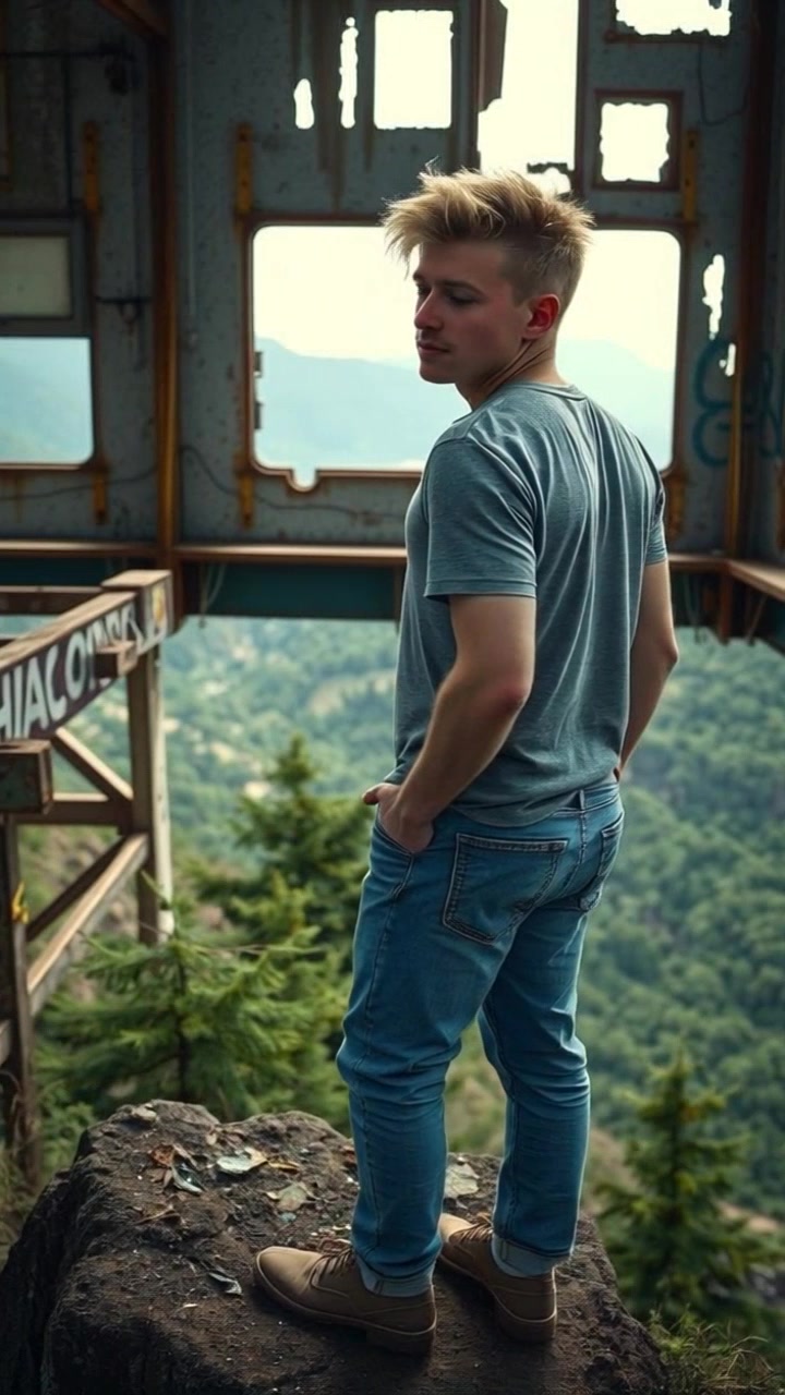 Subject: A figure standing on a mountain peak. Subject movement: The figure gazes out thoughtfully over the expansive landscape. Scene: Stunning view from a mountain peak, showcasing rolling hills and deep valleys under a clear blue sky. Style: Bright, natural sunlight illuminating the scene, creating a sense of openness and clarity. Motion: The camera begins with a slow panoramic shot of the terrain, gradually pulling back to reveal the majesty of the landscape from a slightly elevated angle, emphasizing the scale of the hills and valleys.