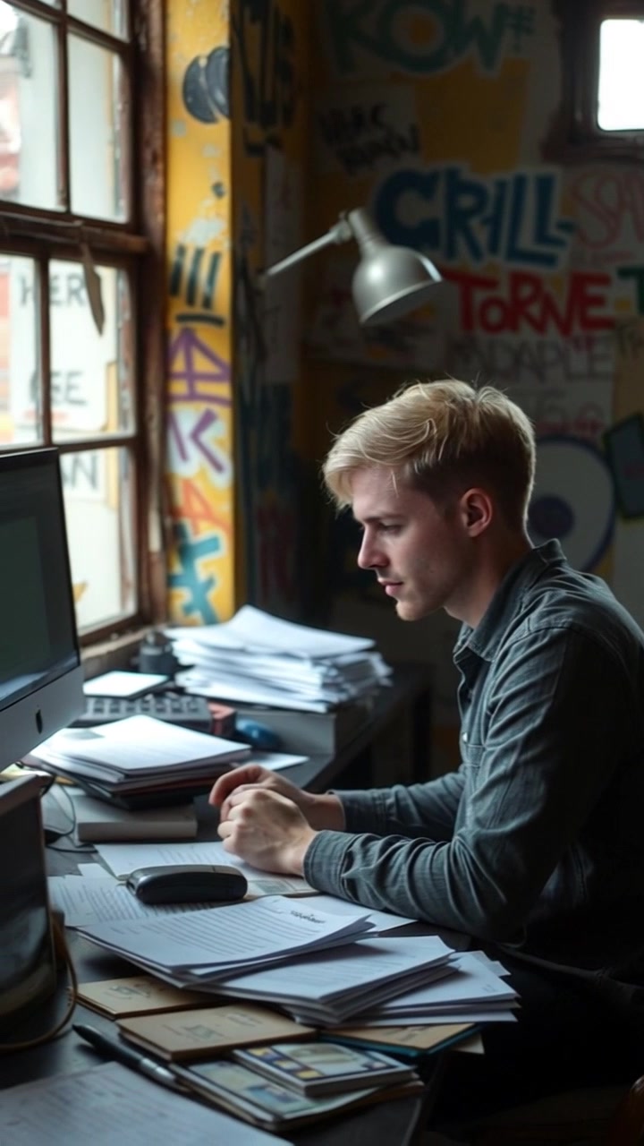 Scene: An intimate office space with a desk loaded with scattered papers and a glowing computer screen. Style: Warm ambient lighting envelops the room, creating a focused atmosphere. Motion: The camera begins with a close-up of Ryan's contemplative face, then smoothly pulls back, revealing the chaotic desk environment before reframing back to the computer screen, capturing the essence of deep concentration.