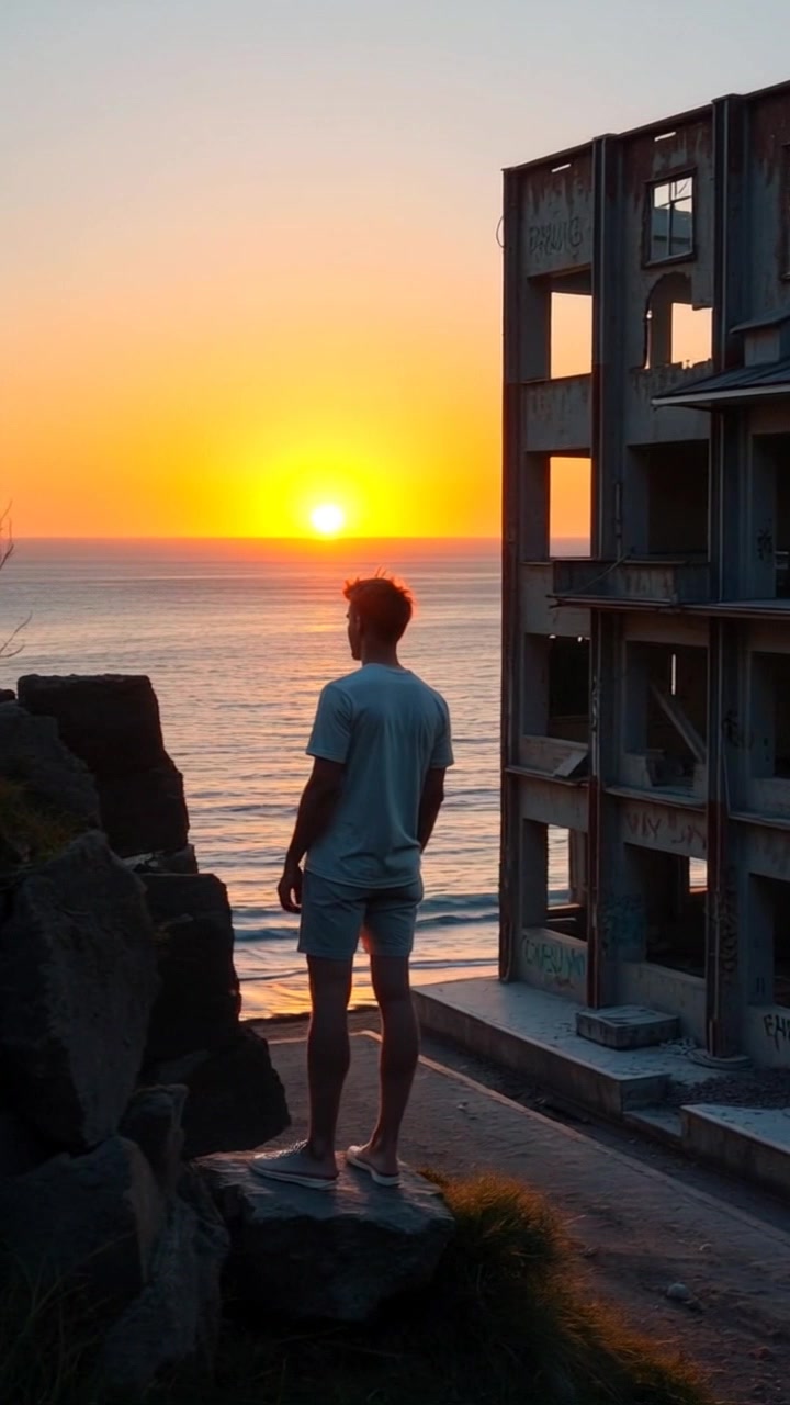 Subject: A figure standing alone on a cliff. Scene: Ryan gazing out over a calm ocean, with a stunning sunset painting the sky in warm hues of orange and pink. Motion: Camera begins with a close-up of Ryan's contemplative expression before smoothly pulling back to reveal the breathtaking landscape, capturing the waves gently lapping against the shore and the vibrant colors of the sky reflecting on the water.
