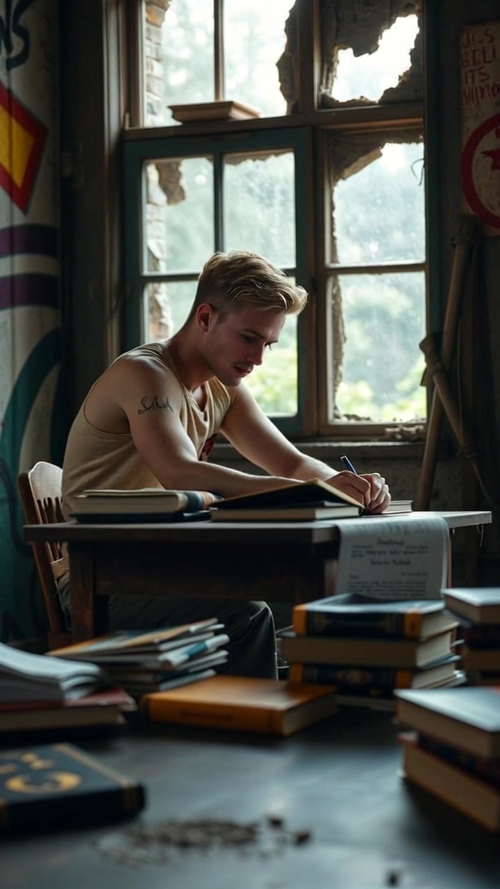 Scene: A cozy study room with warm wood tones, filled with bookshelves that overflow with books. Subject movement: Ryan sits at a wooden desk, writing attentively in a notebook, surrounded by an inviting atmosphere. Motion: The camera gently pushes in on Ryan's focused expression, capturing the softness of the ambient lighting filtering through a nearby window, illuminating the pages of his notebook and creating a warm, studious ambiance.