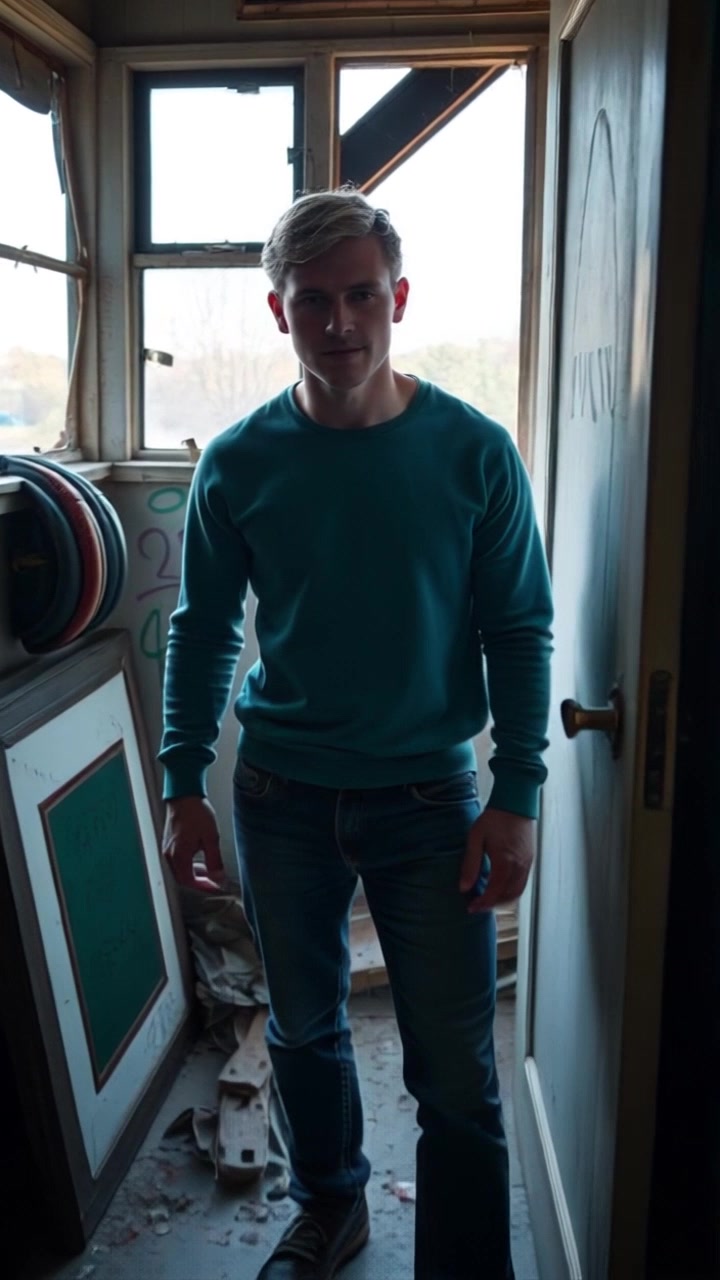 Subject: A determined individual by the door of a small room. Subject movement: The person shifts slightly with eagerness, ready to step outside. Scene: Small room with soft, muted colors, a wooden door creates a focal point as light spills in around the edges. Style: Warm, inviting light filtering in through the cracks. Motion: Camera begins with a close-up on the subject, then pushes in slowly, capturing the intensity of their expression before pulling back slightly to reveal the doorway and the outside world waiting.