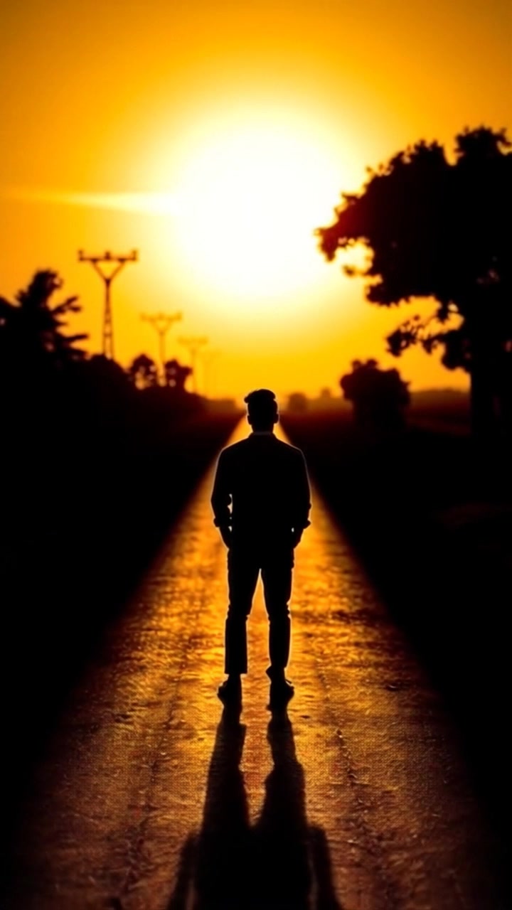 Scene: A young man standing at a crossroads, contemplating his choices as paths stretch ahead into the distance. Style: The lighting is soft and warm, casting a thoughtful ambiance across the scene. Motion: The camera begins with a close-up of the man's contemplative expression, then smoothly pulls back, revealing the diverging paths and the surrounding landscape, creating a sense of openness and possibility.