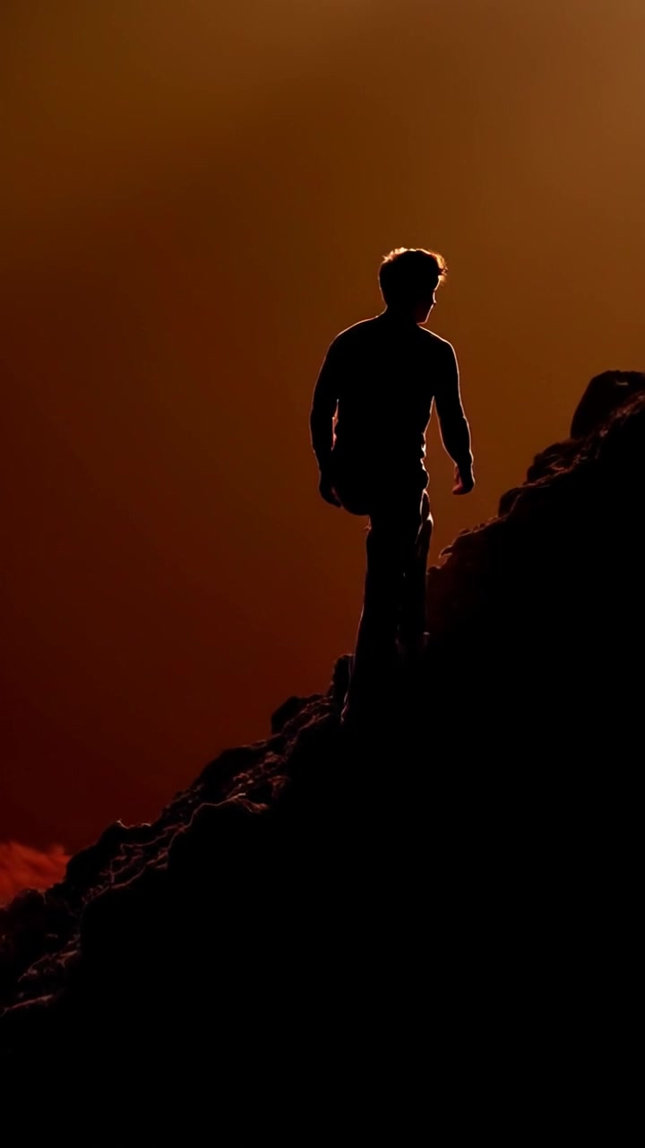 Subject: A determined climber scaling a steep hill with a focused expression. Subject movement: He pushes forward confidently, tackling the winding path uphill. Scene: A rugged hillside landscape under a bright sky, showcasing the steep incline and rocky terrain. Style: Morning light illuminating the scene with bright, warm tones enhancing the climber's determination. Motion: The camera follows him from behind as he ascends, capturing the rugged environment with a smooth handheld tracking shot.