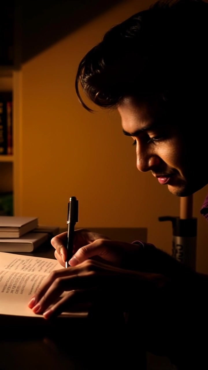 Subject: A focused individual writing in a journal at a desk. Subject movement: The hand moves fluidly across the paper, pen gliding smoothly as thoughts take shape. Scene: A cozy study room filled with warm light, bookshelves lined with various texts, plants softly swaying in the background. Style: Warm, ambient lighting creating an inviting atmosphere. Motion: Camera pushes in slowly to capture the intimate moment, highlighting the journal's pages before transitioning upward to reveal the concentrated expression.