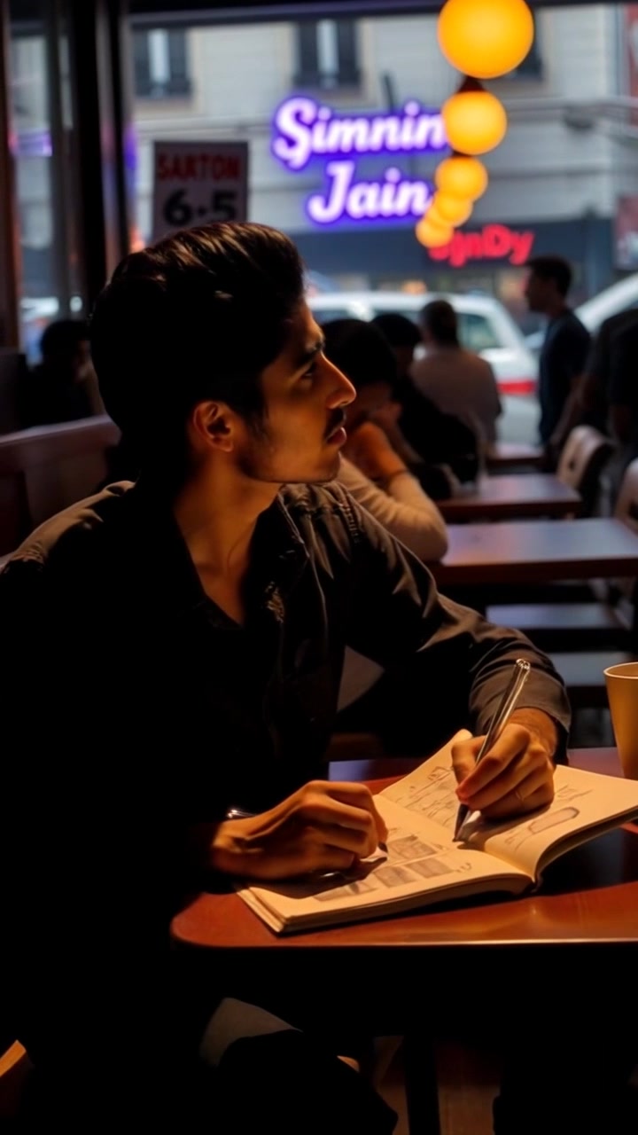 Subject: A focused individual engrossed in writing at a bustling cafe table. Subject movement: The individual occasionally looks up to observe the lively atmosphere around him while jotting down sketches in a notebook. Scene: A vibrant cafe filled with a lively crowd, with coffee cups and pastries on nearby tables. Style: Warm, inviting morning light spilling in through large windows, casting soft shadows. Motion: The camera gently moves in a sweeping motion, capturing the energy of the cafe before tightening in on the individual at the table, offering a close-up on the sketches and notebook.