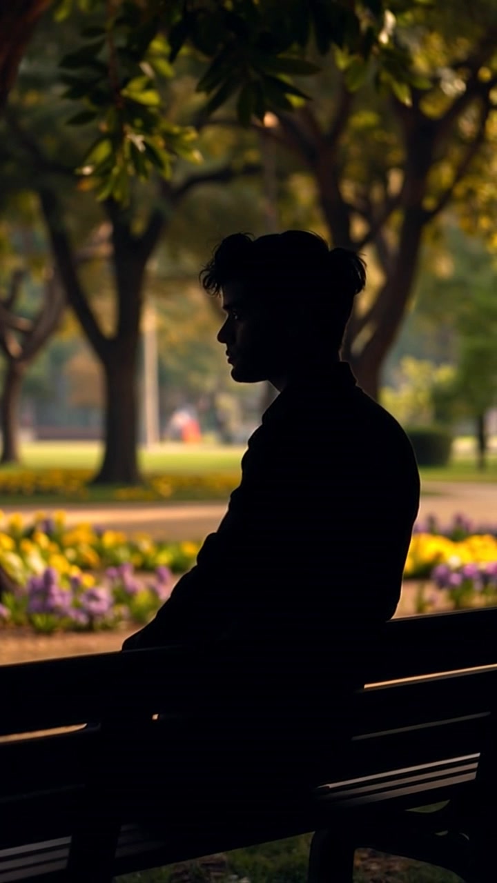 Scene: A serene park filled with lush trees and vibrant flowers, centered around a bench where an individual sits in deep contemplation. Style: Soft morning light filters through the leaves, casting gentle shadows and highlighting the colorful blooms. Motion: The camera gracefully glides in closer to the individual, capturing the tranquil setting with a dreamy, slow-motion effect.